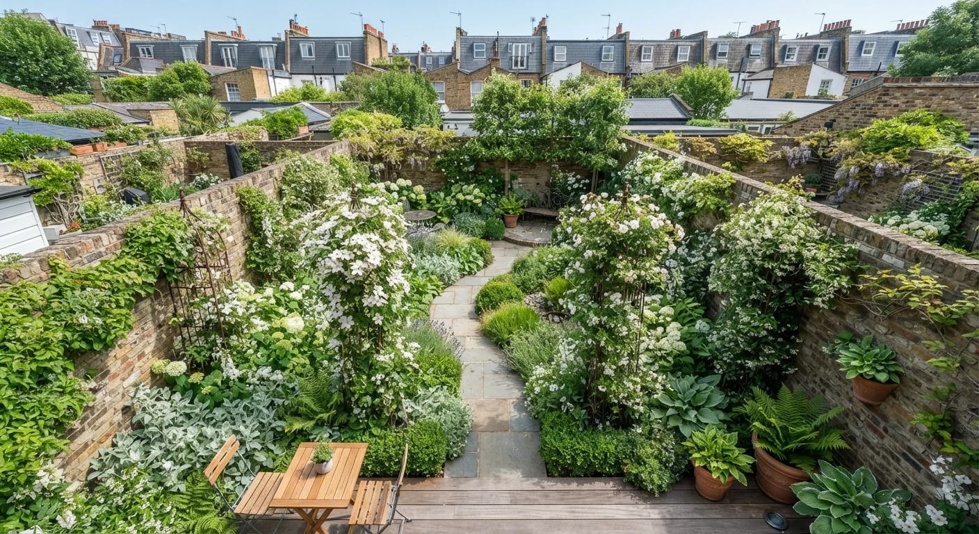 A small backyard garden with layered plantings, stone path, and vertical trellises creating a sense of depth