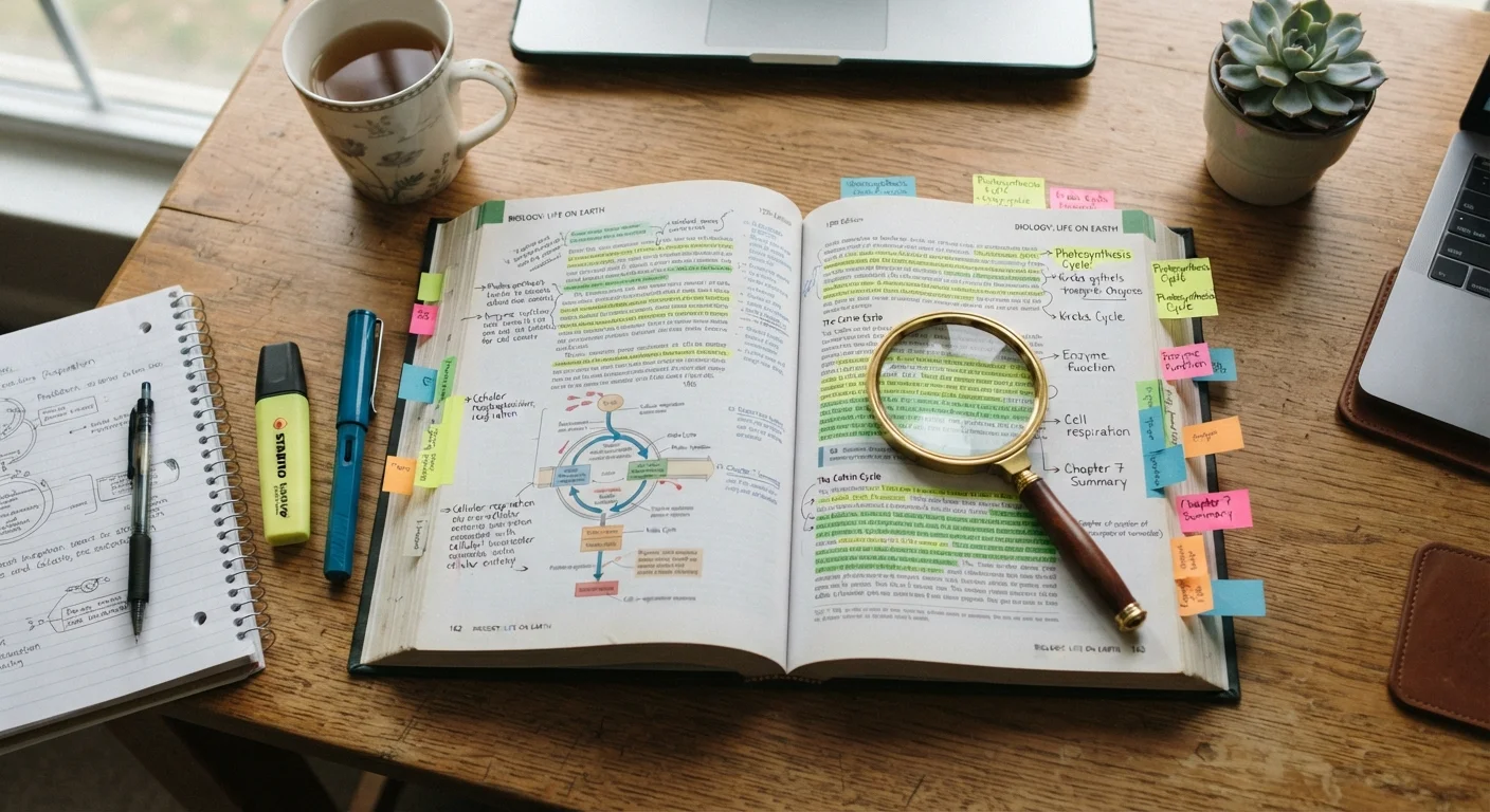 Open textbook with colorful sticky notes and a magnifying glass on a wooden desk