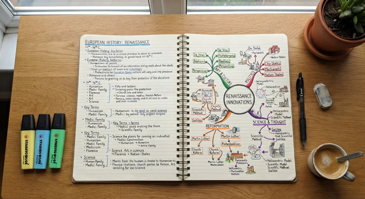 Open notebook with Cornell notes, mind map, and outline formats displayed on a wooden desk